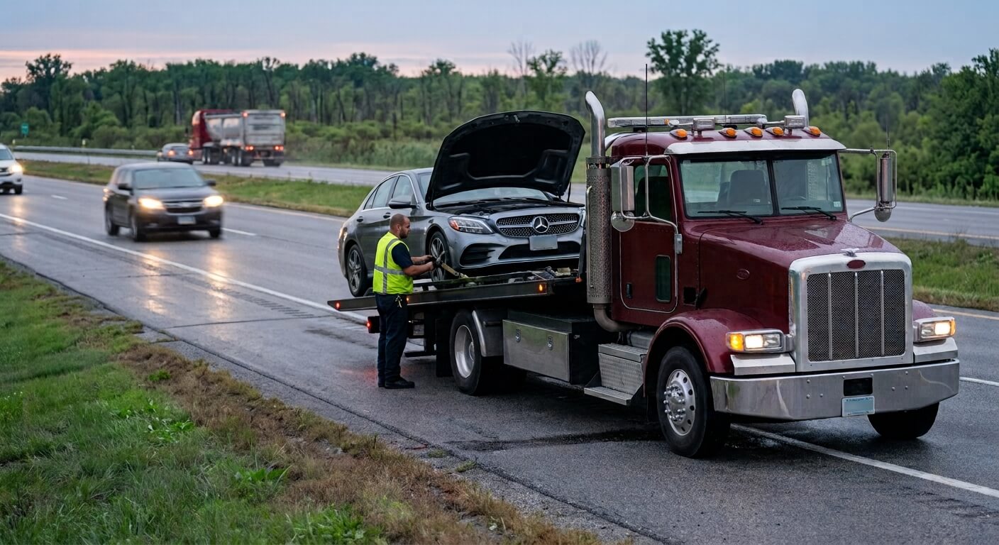 flatbed tow truck towing a leased vehicle in Indianapolis